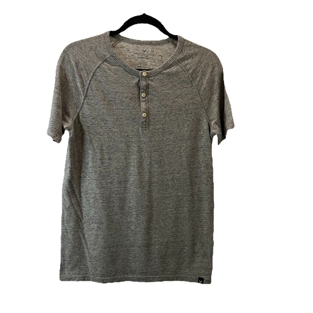 American Eagle Henley T-Shirt Mens Size S Seriously Soft Short Sleeve Gray